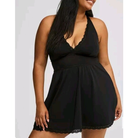 Torrid Black Swim Dress Size 2 Plus Crisscross Back Lace Trim 1 Piece Swimsuit - Picture 7 of 10